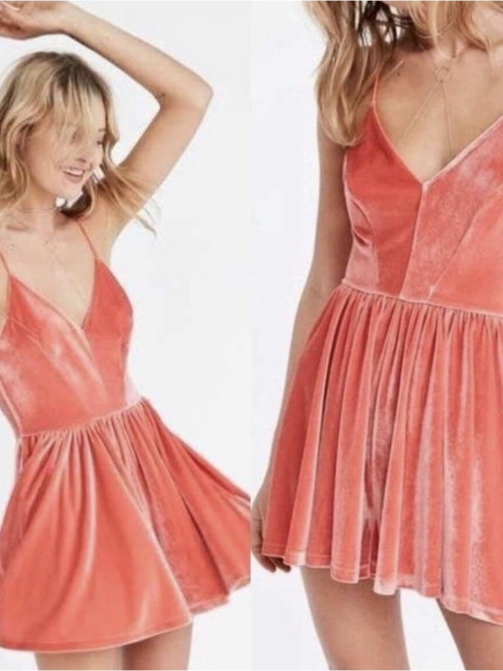 Urban Outfitters silence + noise Coral/Orange Velvet V-Neck Romper